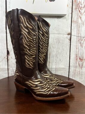 TANNER MARK Gold inlay Brown Leather Snip Toe Boho Western Cowgirl Boots 7